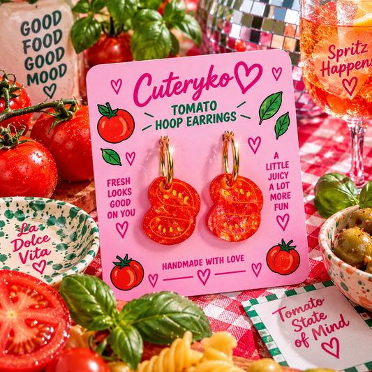 Tomato hoop earrings with glittery translucent red tomato slice charms by Cuteryko
