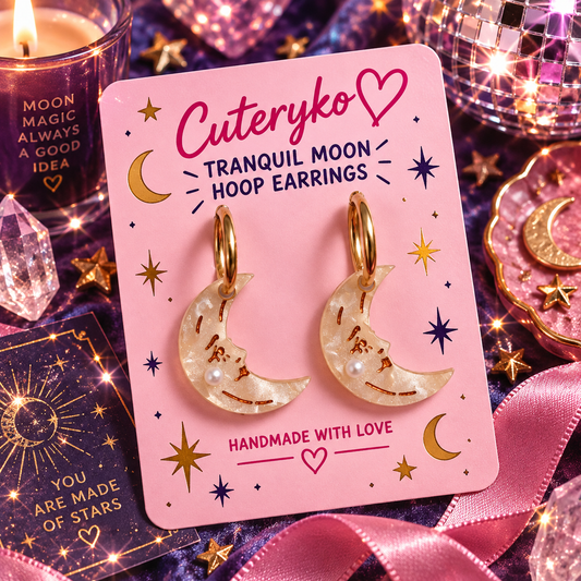 Tranquil Moon hoop earrings with pearlescent moon-face charms and pearl details by Cuteryko