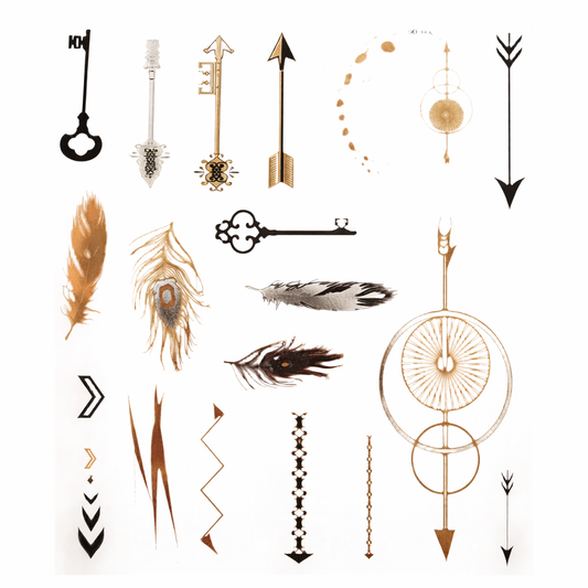 Transcendence temporary tattoos metallic gold silver and black for luxury festival face and body art