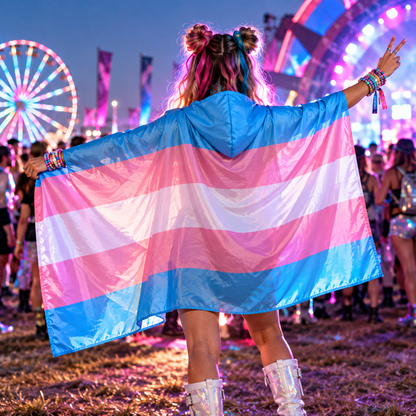 Transgender pride wearable hooded flag cape worn at a vibrant nighttime rave