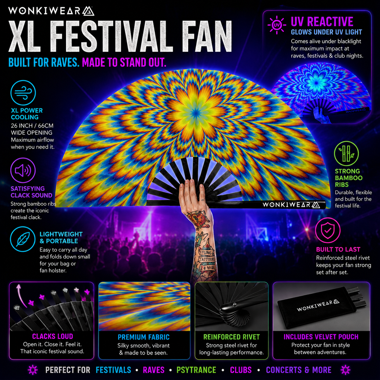 Benefits of Tripping XL festival fan including UV glow, loud clack sound and powerful airflow