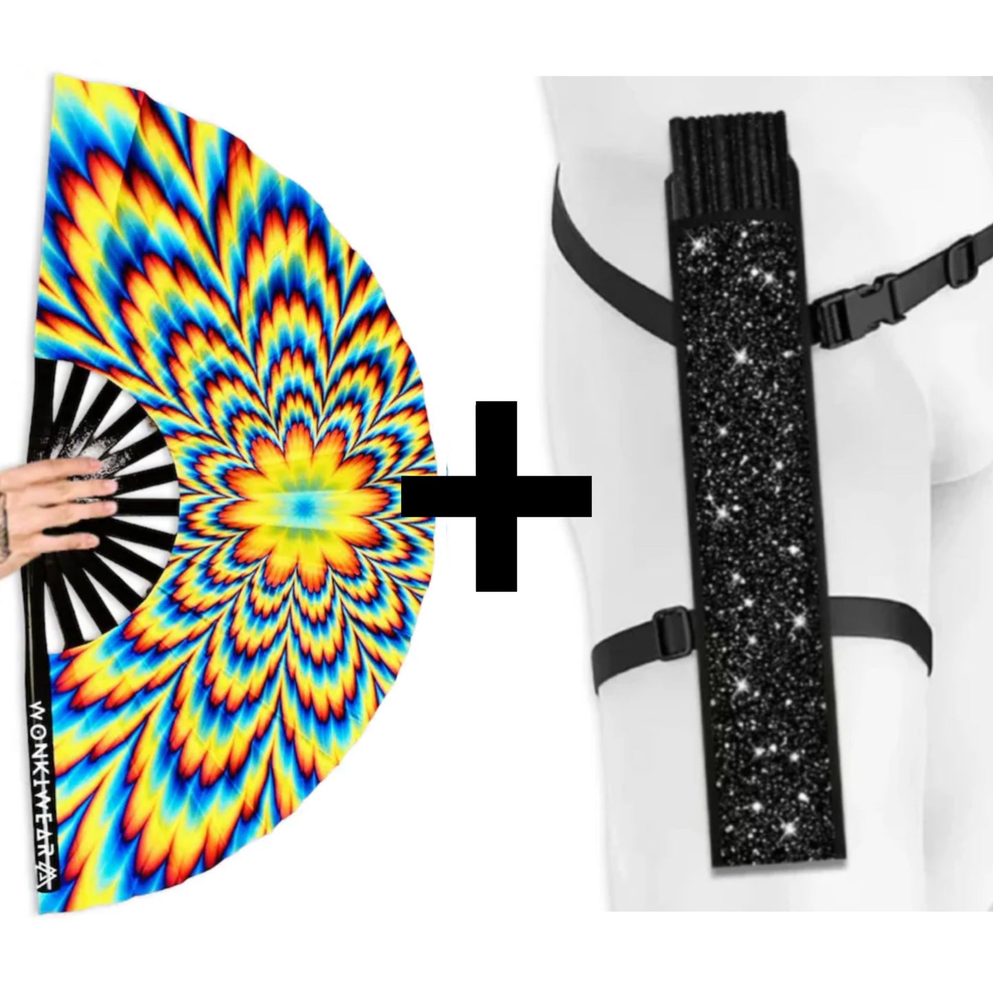 Tripping XL psychedelic festival fan with optional black shimmer fan holster