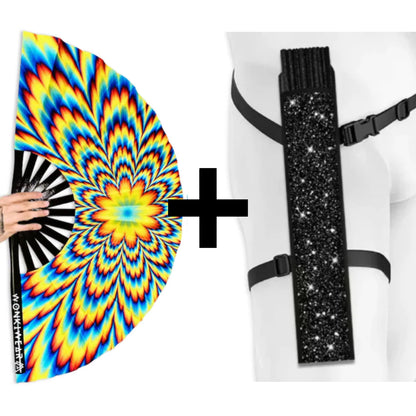 Tripping XL psychedelic festival fan with optional black shimmer fan holster