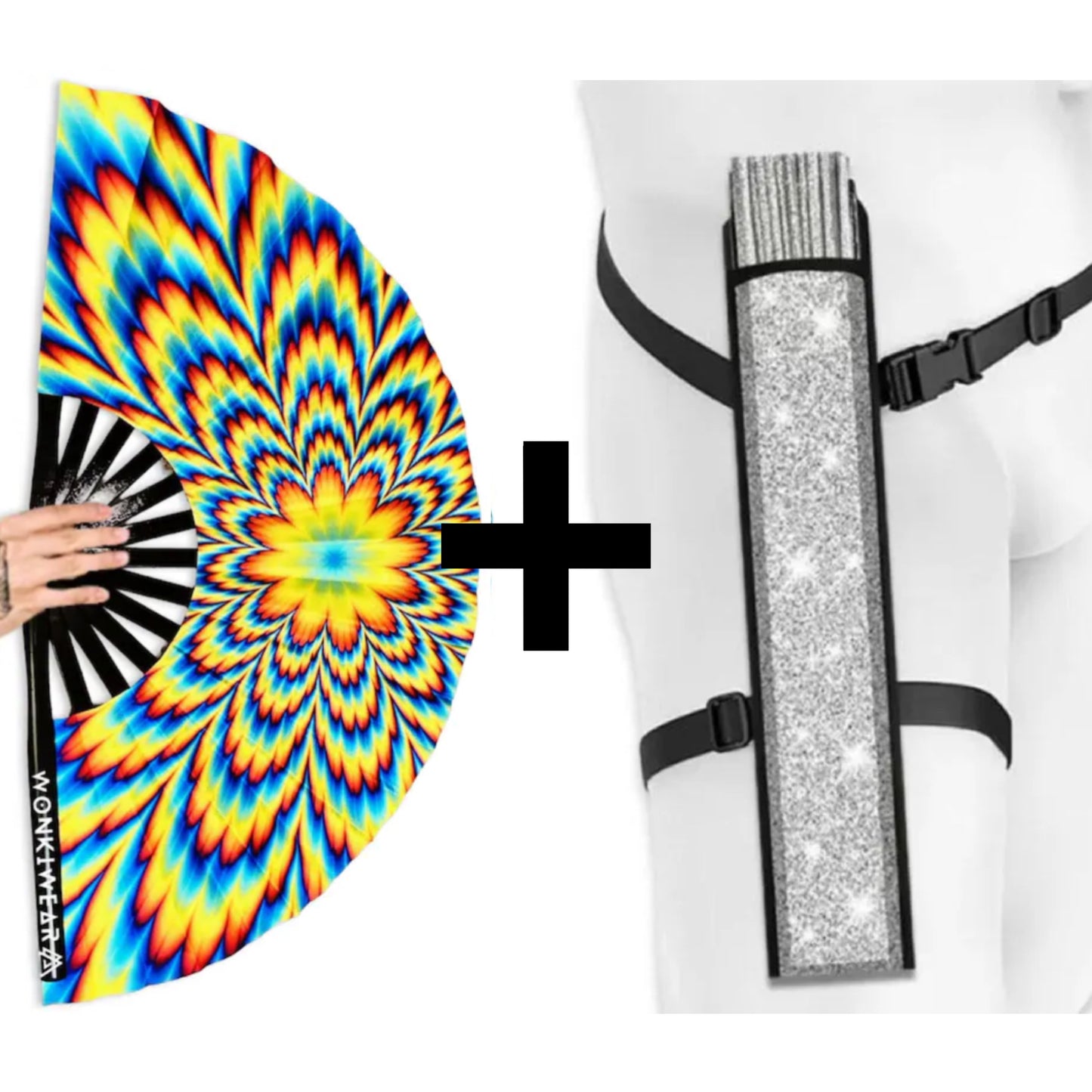 Tripping XL psychedelic festival fan with optional silver shimmer fan holster