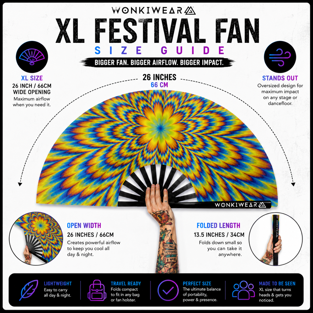 Tripping XL festival fan dimensions showing 26 inch width and 13.5 inch folded length