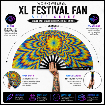 Tripping XL festival fan dimensions showing 26 inch width and 13.5 inch folded length