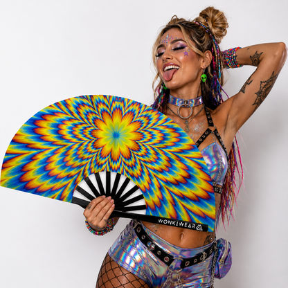 Festival model holding Tripping XL psychedelic rave fan