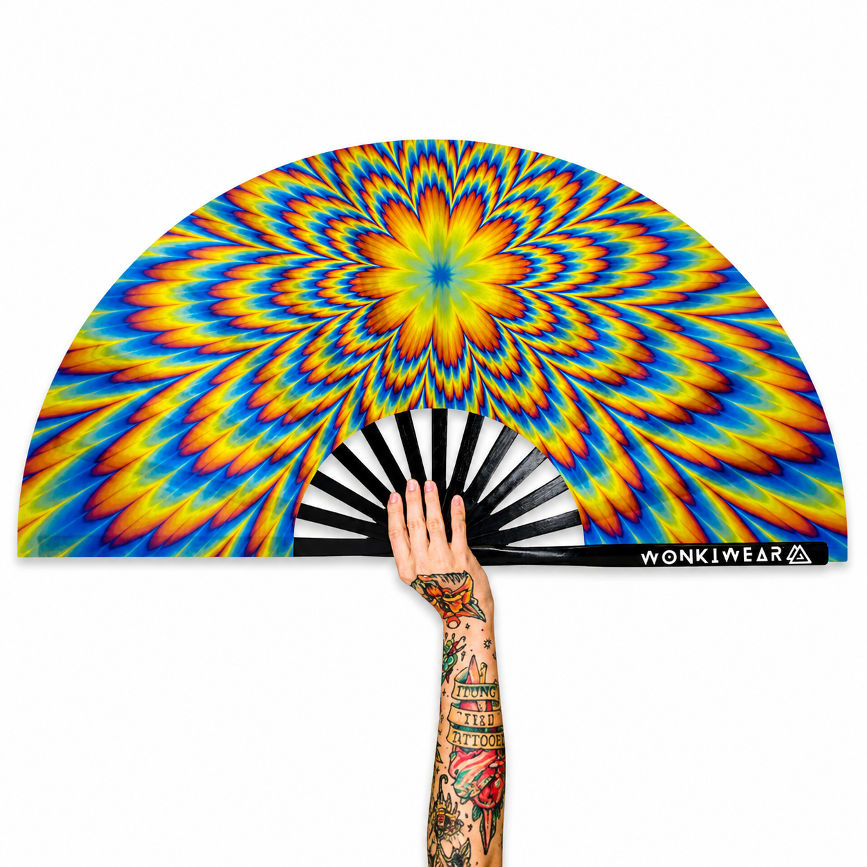 Tripping XL festival fan with psychedelic optical illusion design and black bamboo ribs