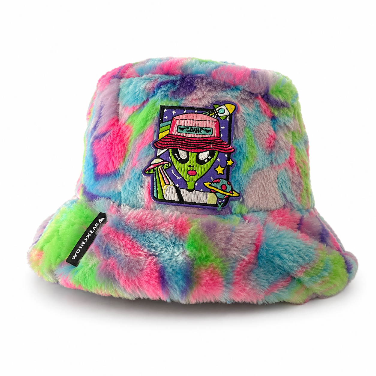  Trippy Alien handmade multicoloured furry bucket hat front view on white background