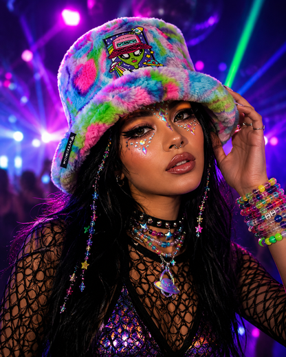 Female model wearing Trippy Alien handmade furry festival bucket hat