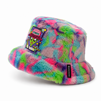 Side view of Trippy Alien handmade multicoloured furry bucket hat