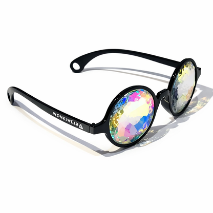 Black round kaleidoscope glasses with rainbow prism lenses creating trippy visual effects
