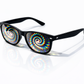 Trippy spiral diffraction glasses with rainbow vortex light effect lenses in black frame for festivals and raves
