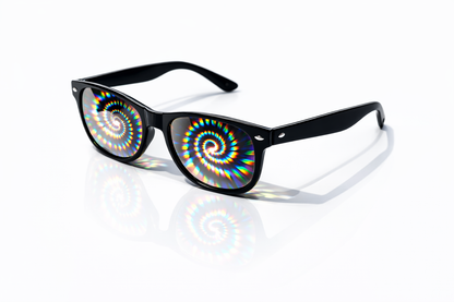 Trippy spiral diffraction glasses with rainbow vortex light effect lenses in black frame for festivals and raves
