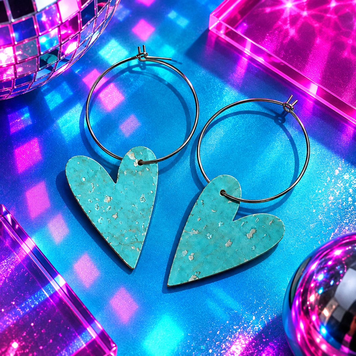 Turquoise cork heart hoop earrings with 25mm lead and nickel free hoops by Trend Tonic