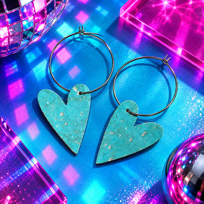 Turquoise cork heart hoop earrings with 25mm lead and nickel free hoops by Trend Tonic