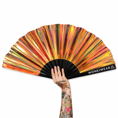 Unicorn Dreams iridescent festival fan XL with fiery rainbow holographic finish