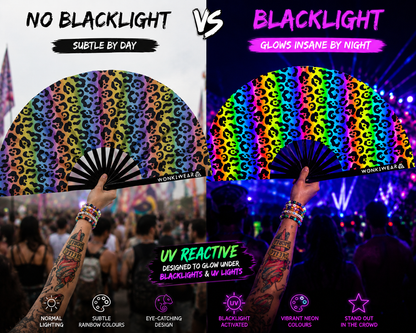 UV reactive rainbow leopard print festival fan under blacklight compared to normal lighting