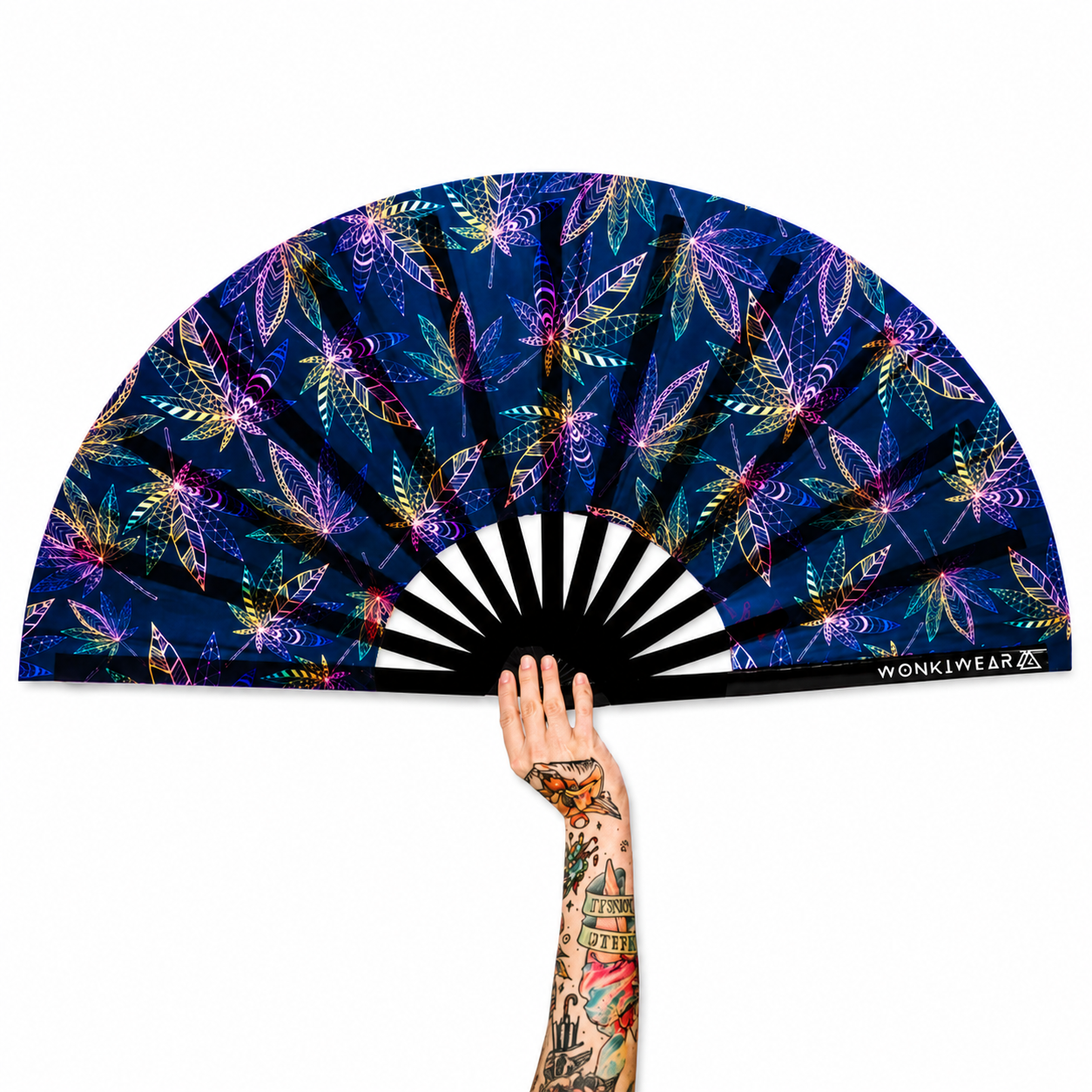UV reactive Mary Jane leaf festival fan by WonkiWear with black bamboo ribs