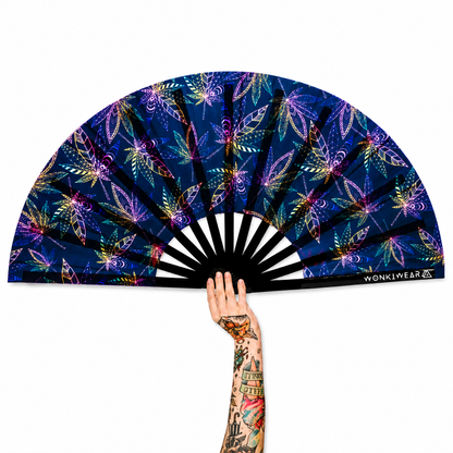 UV reactive Mary Jane leaf festival fan by WonkiWear with black bamboo ribs