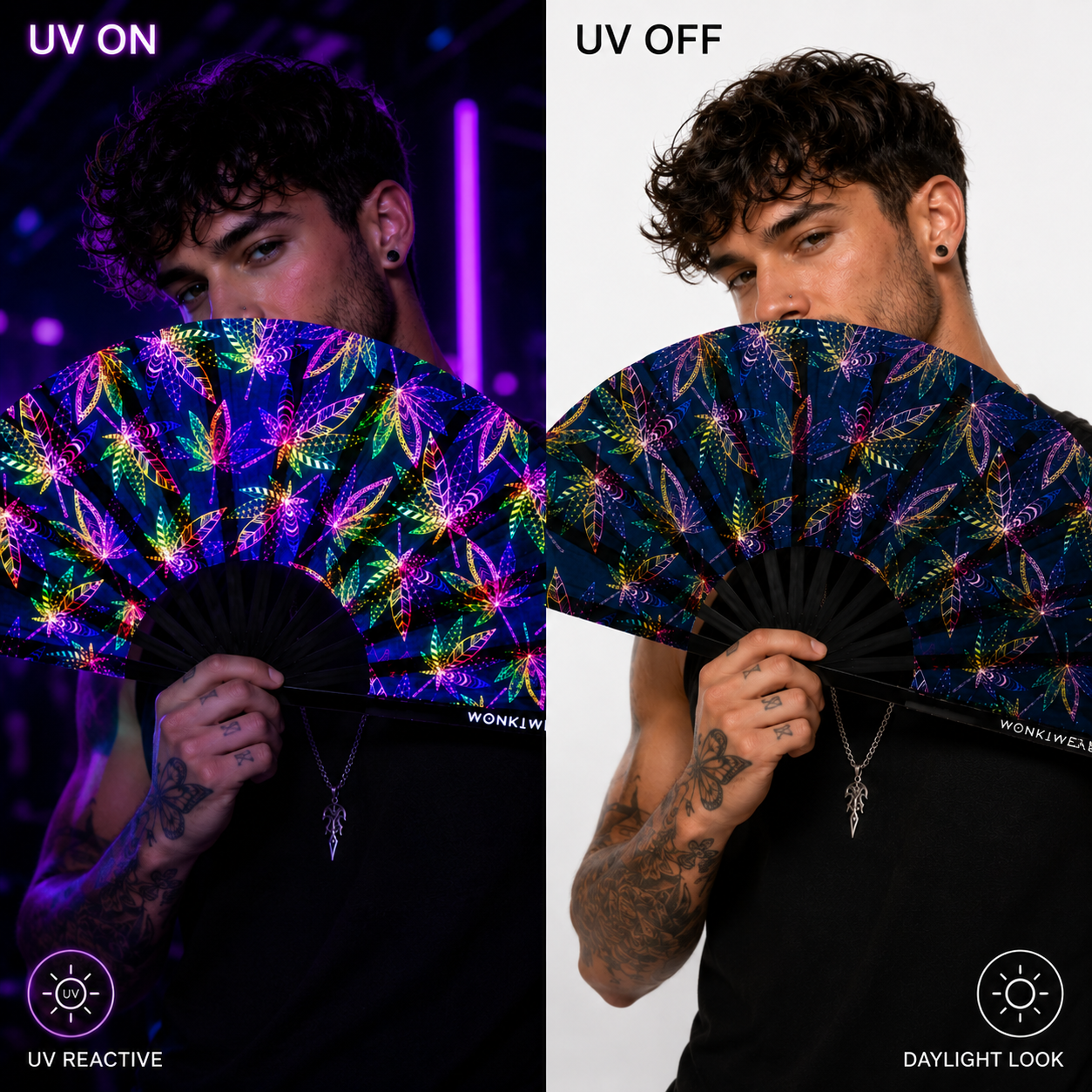 Comparison showing WonkiWear Mary Jane festival fan under normal light and UV blacklight