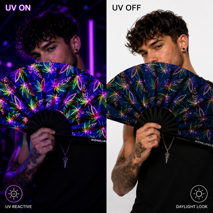 Comparison showing WonkiWear Mary Jane festival fan under normal light and UV blacklight
