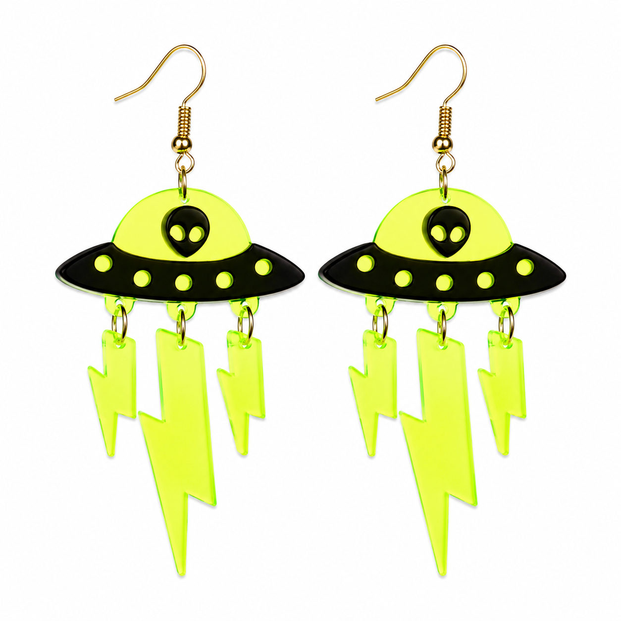 UV reactive neon UFO lightning statement earrings by WonkiWear
