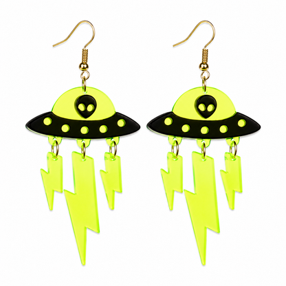 UV reactive neon UFO lightning statement earrings by WonkiWear