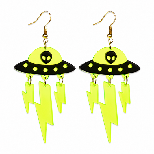 UV reactive neon UFO lightning statement earrings by WonkiWear