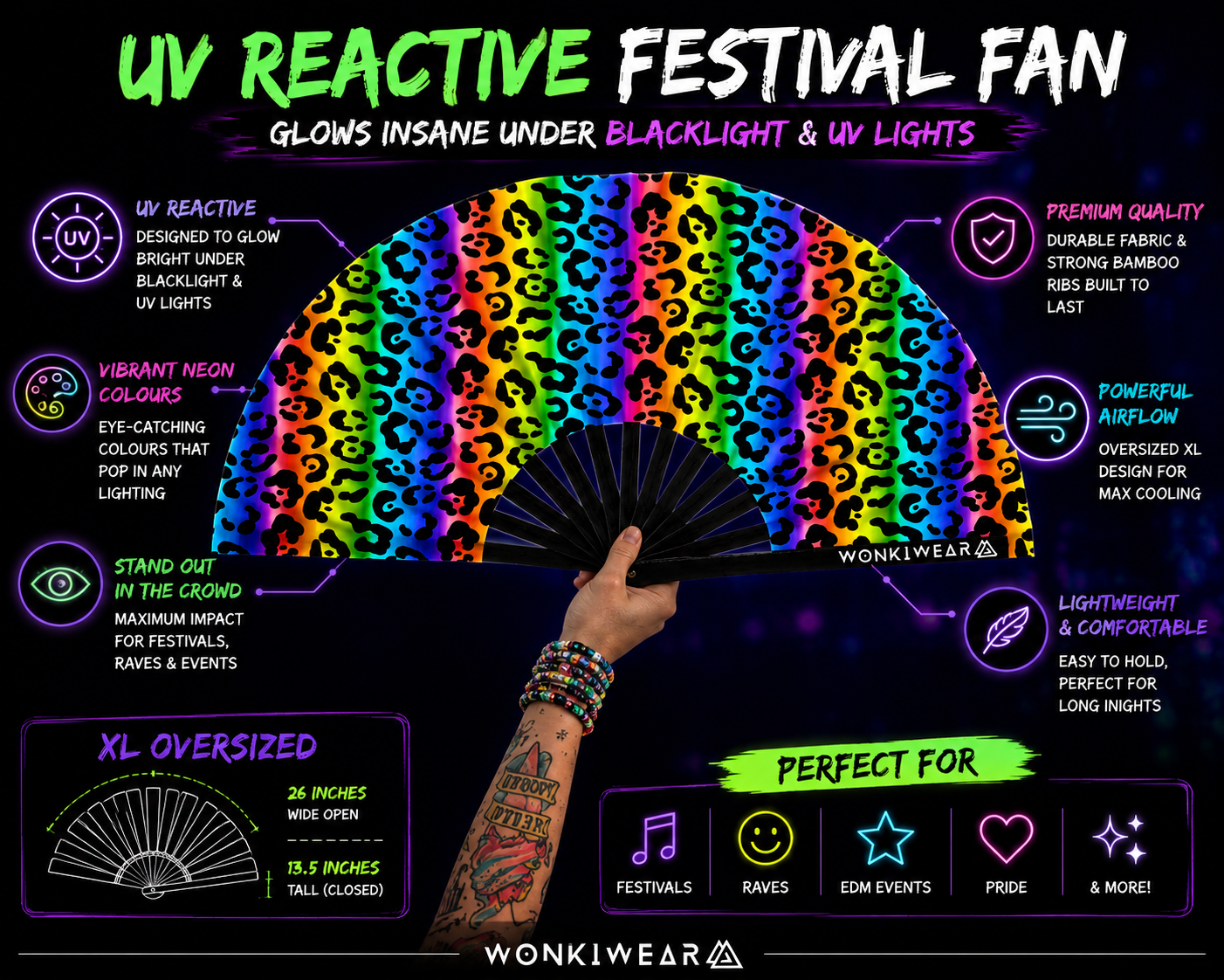 Benefits infographic for UV reactive rainbow leopard print XL festival fan