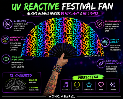 Benefits infographic for UV reactive rainbow leopard print XL festival fan