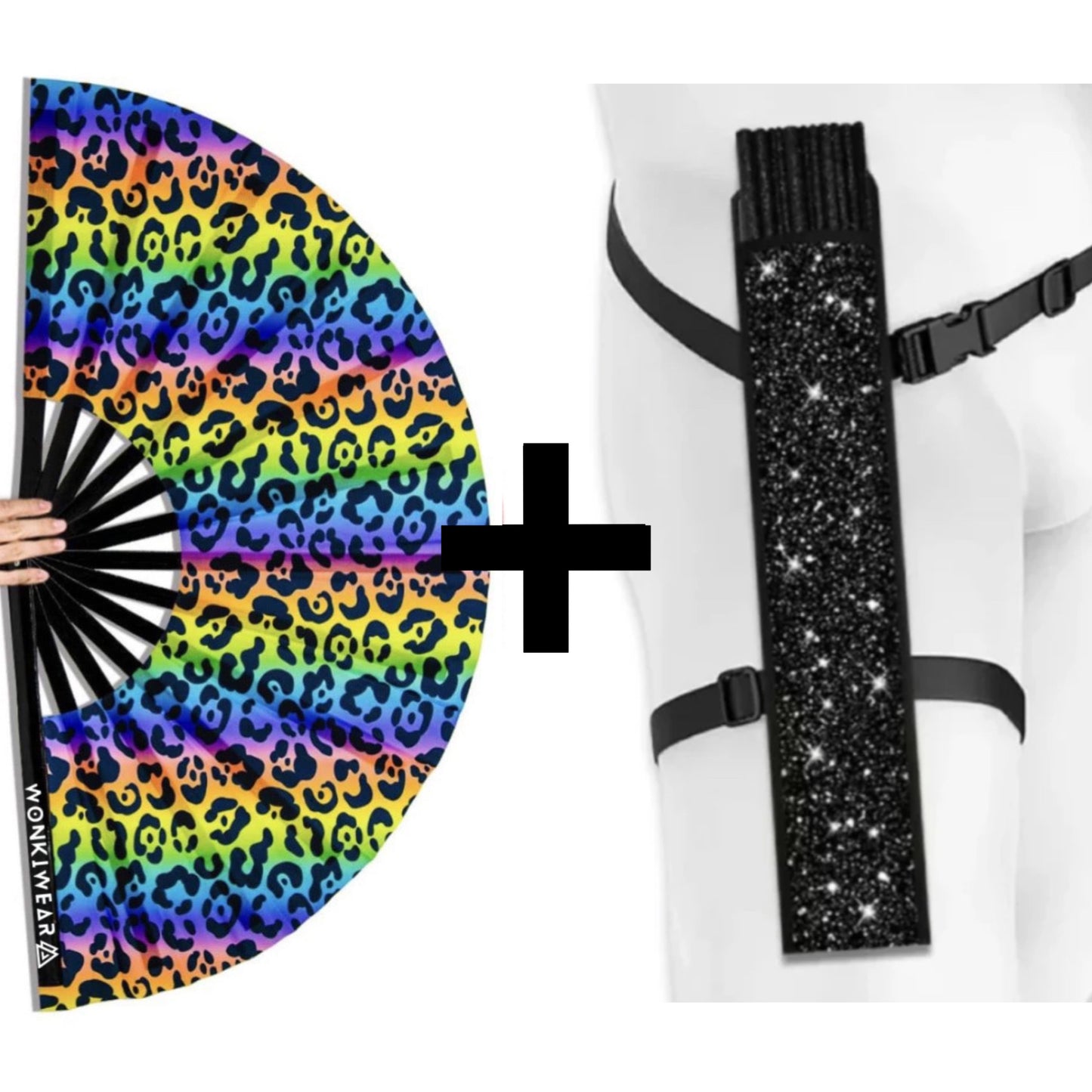 XL UV reactive rainbow leopard print festival fan with matching black festival fan holster bundle