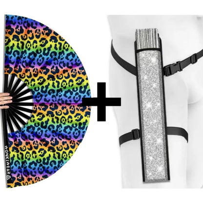XL UV reactive rainbow leopard print festival fan with matching silver festival fan holster bundle