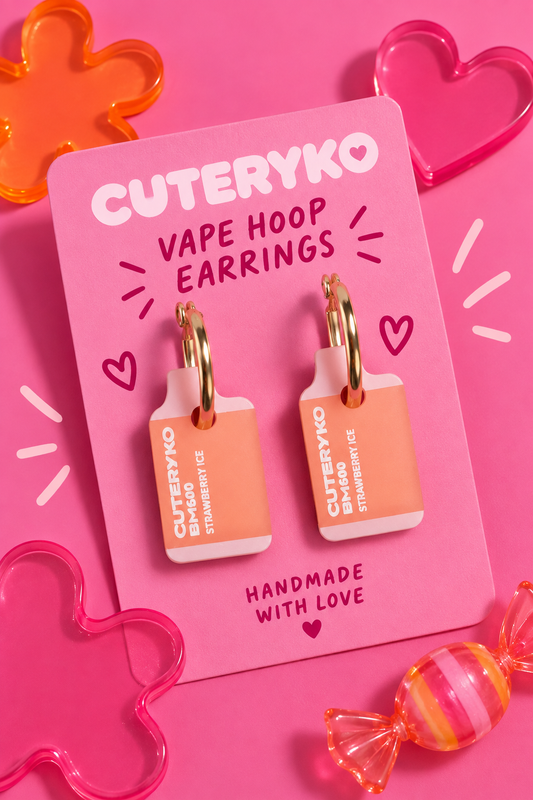 Vape hoop earrings with peach Strawberry Ice acrylic charms by Cuteryko