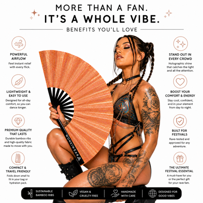 Benefits infographic highlighting airflow, portability and holographic finish of the Venus Galaxy XL festival fan