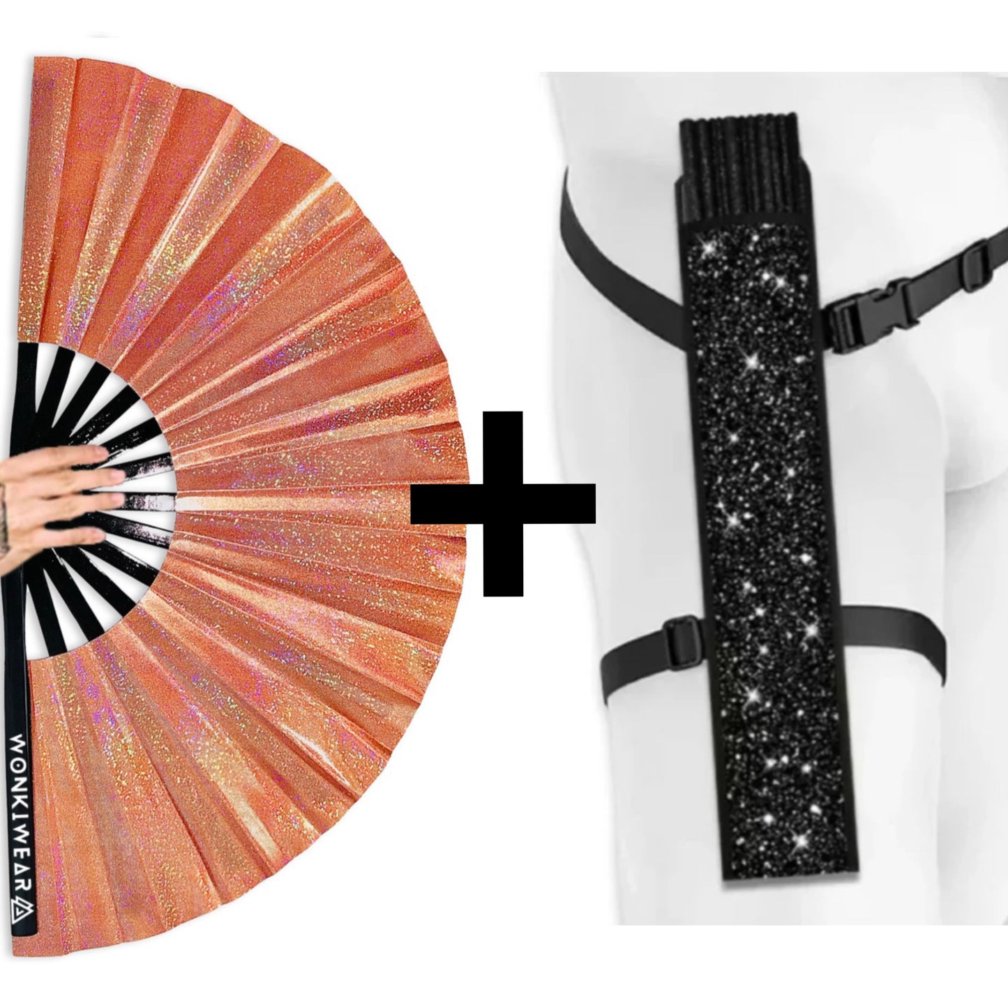 Venus Galaxy holographic metallic orange festival fan with black shimmer holster bundle