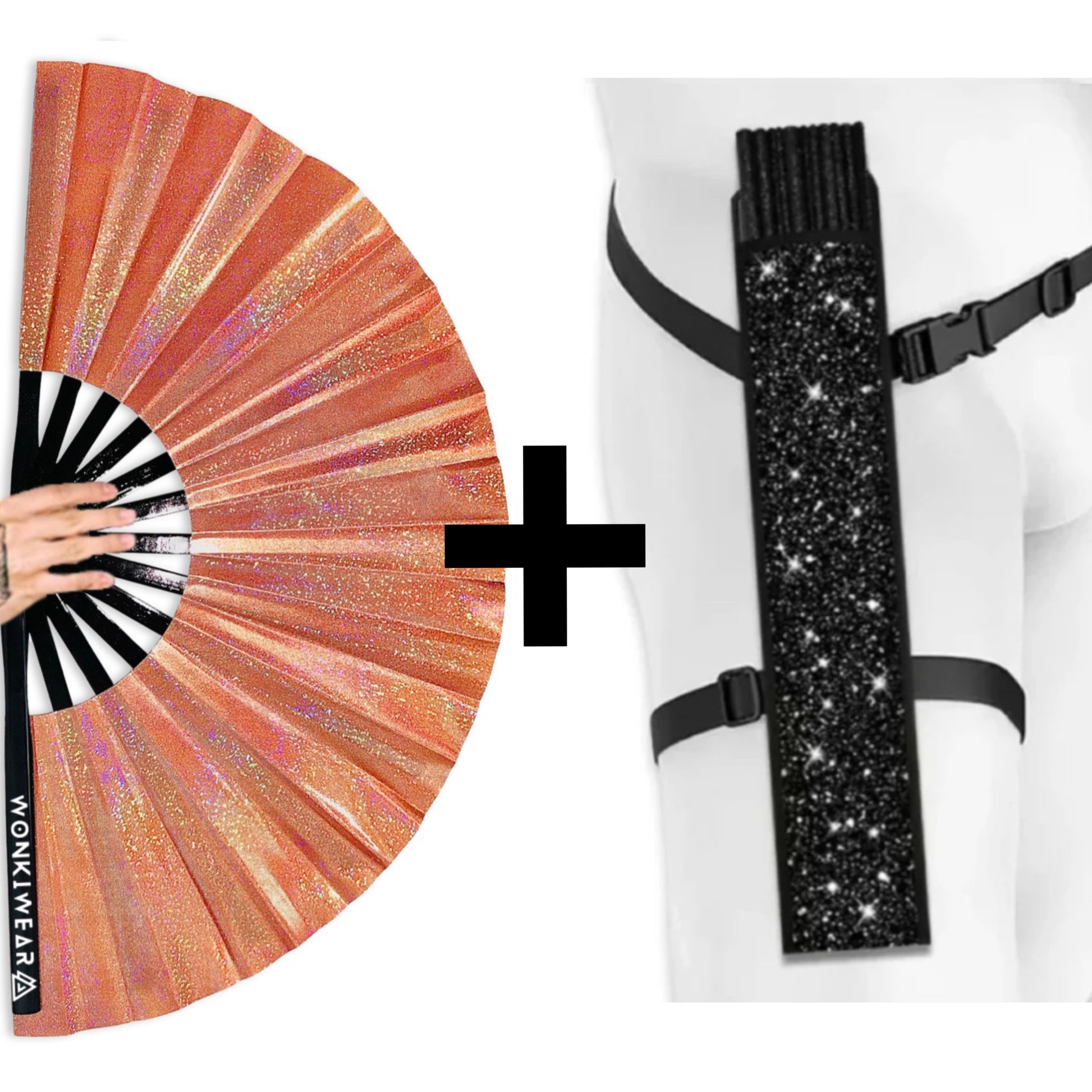 Venus Galaxy holographic metallic orange festival fan with black shimmer holster bundle