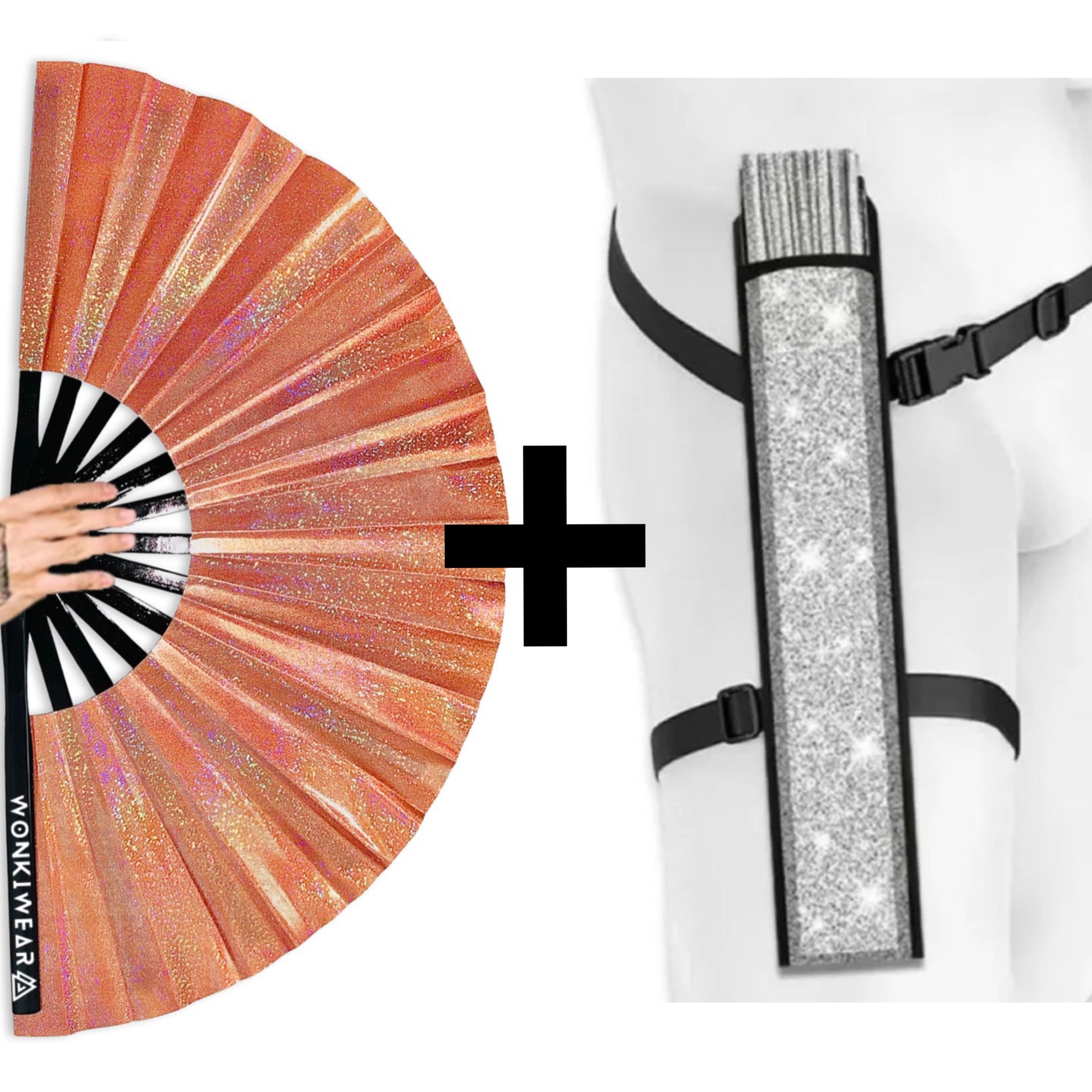 Venus Galaxy holographic metallic orange festival fan with silver shimmer holster bundle