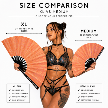 Size comparison showing Venus Galaxy XL 26 inch fan next to medium 22 inch fan