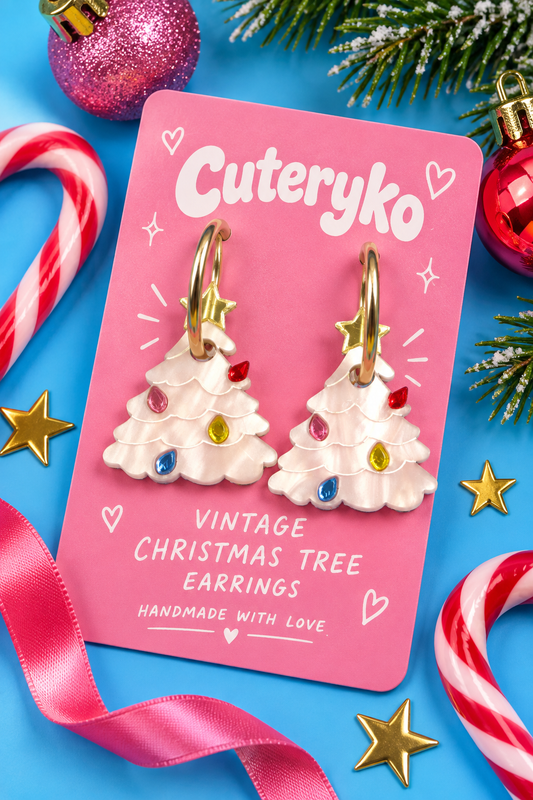 Vintage Christmas Tree hoop earrings with pearlescent trees, colourful baubles and gold stars by Cuteryko