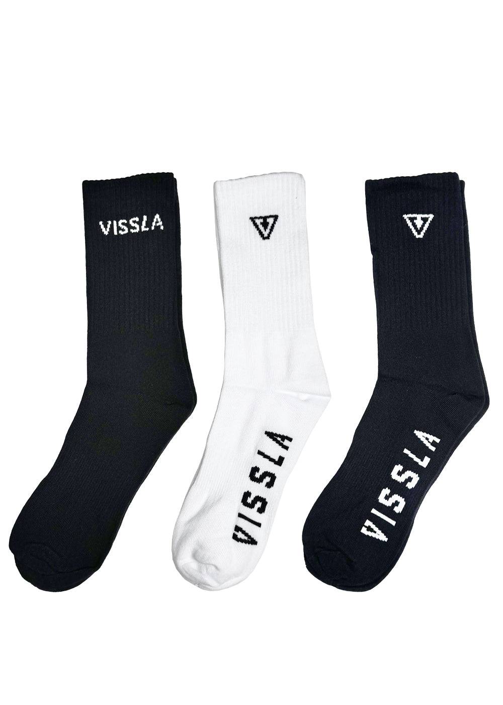 Vissla Logo Socks 3-pack in black, white and navy with branded detailing