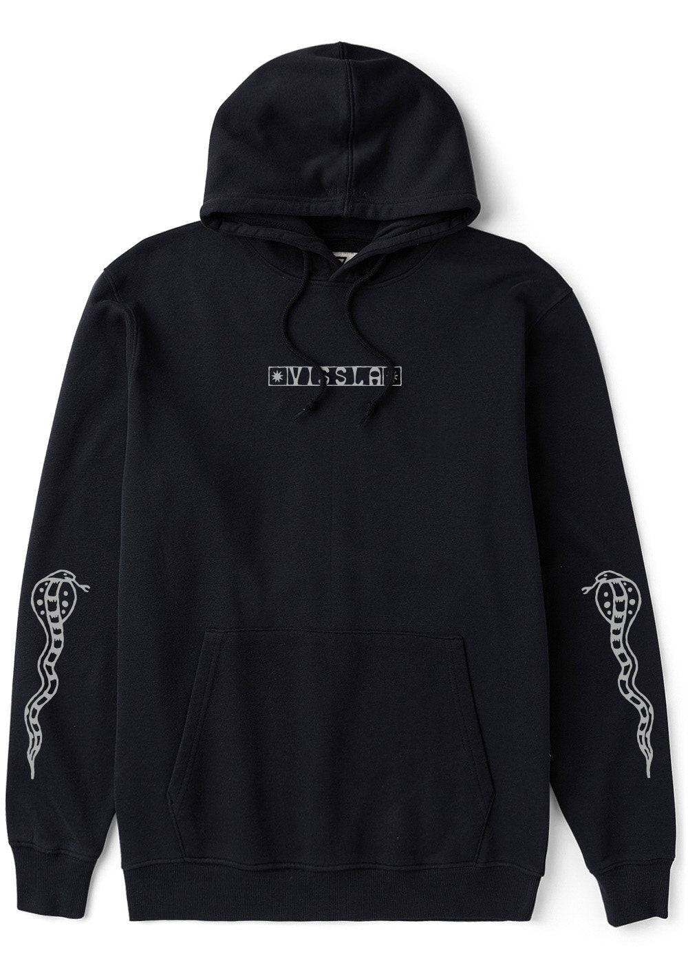 Front view of the black Vissla Offshore Eco PO Hoodie featuring snake sleeve graphics and a small Vissla chest logo.