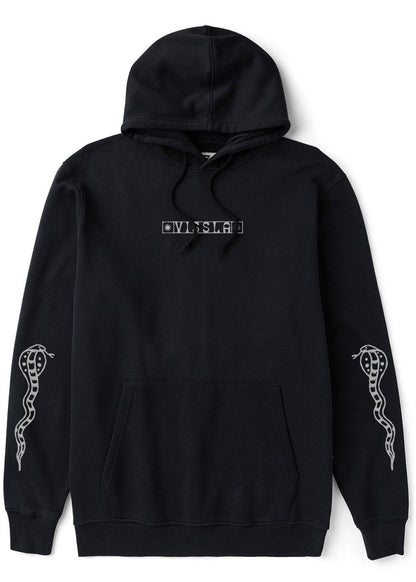 Front view of the black Vissla Offshore Eco PO Hoodie featuring snake sleeve graphics and a small Vissla chest logo.