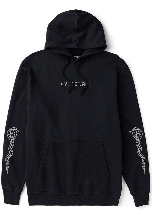 Front view of the black Vissla Offshore Eco PO Hoodie featuring snake sleeve graphics and a small Vissla chest logo.