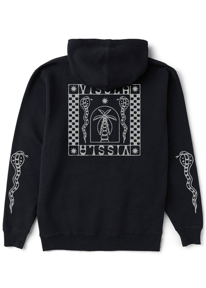 Back view of the black Vissla Offshore Eco PO Hoodie featuring a large checkerboard, palm tree and snake graphic with matching snake sleeve designs.