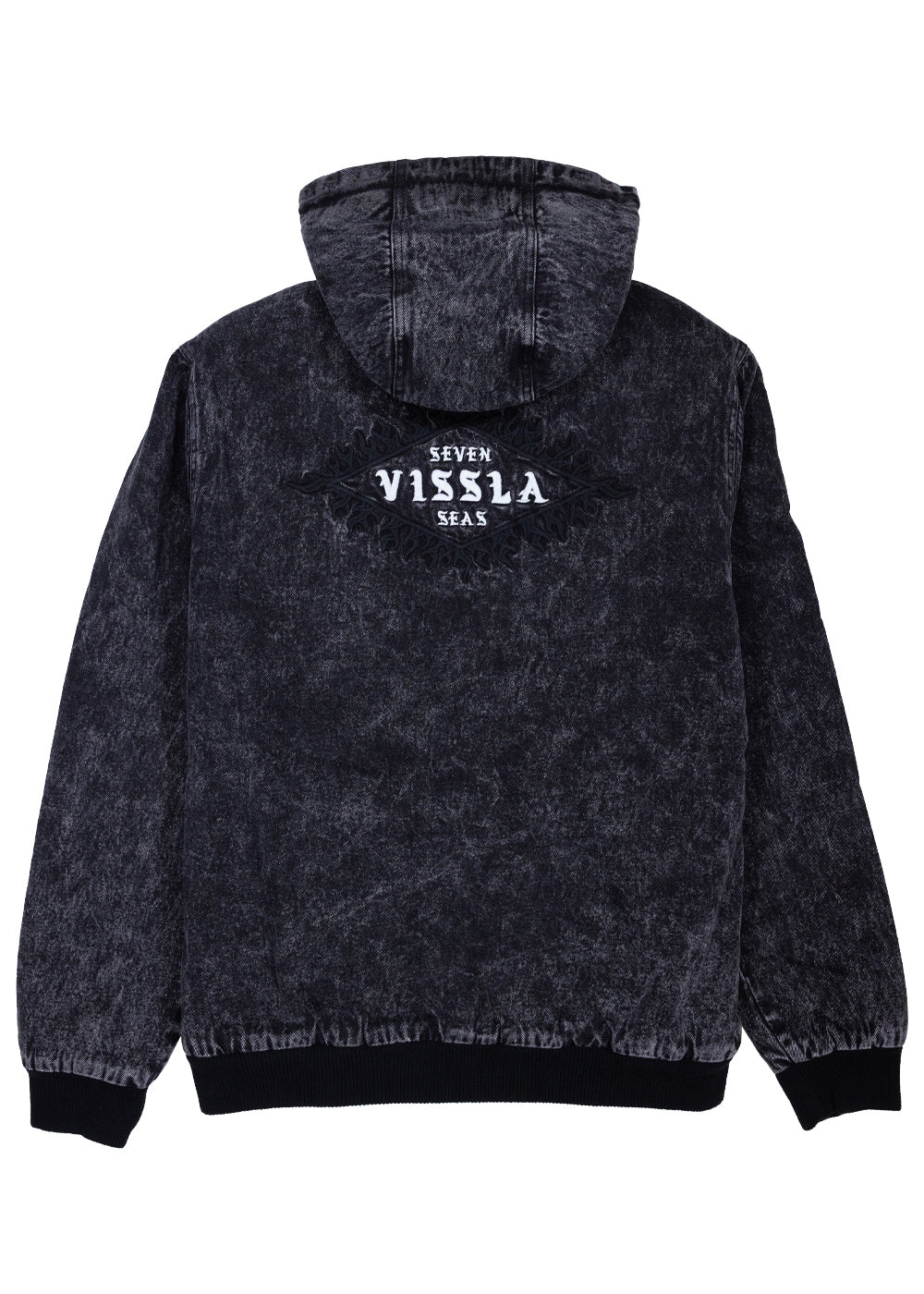 Back view of the black acid-wash Vissla Wasson jacket showing the large embroidered Seven Vissla Seas design