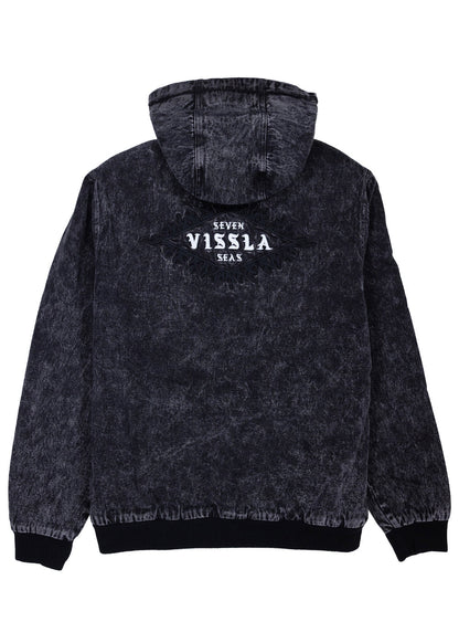 Back view of the black acid-wash Vissla Wasson jacket showing the large embroidered Seven Vissla Seas design