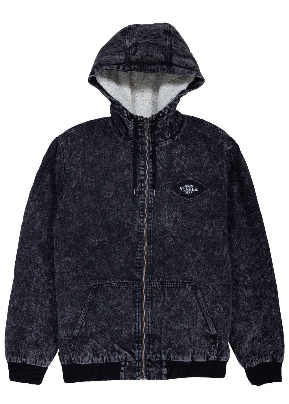 Front view of the black Vissla Wasson jacket with sherpa-lined hood, zip fastening and chest embroidery