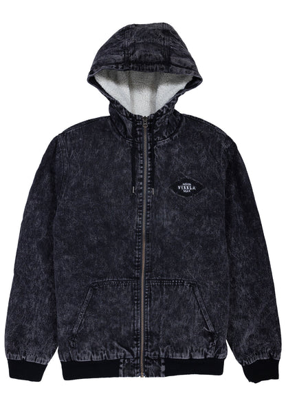 Front view of the black Vissla Wasson jacket with sherpa-lined hood, zip fastening and chest embroidery
