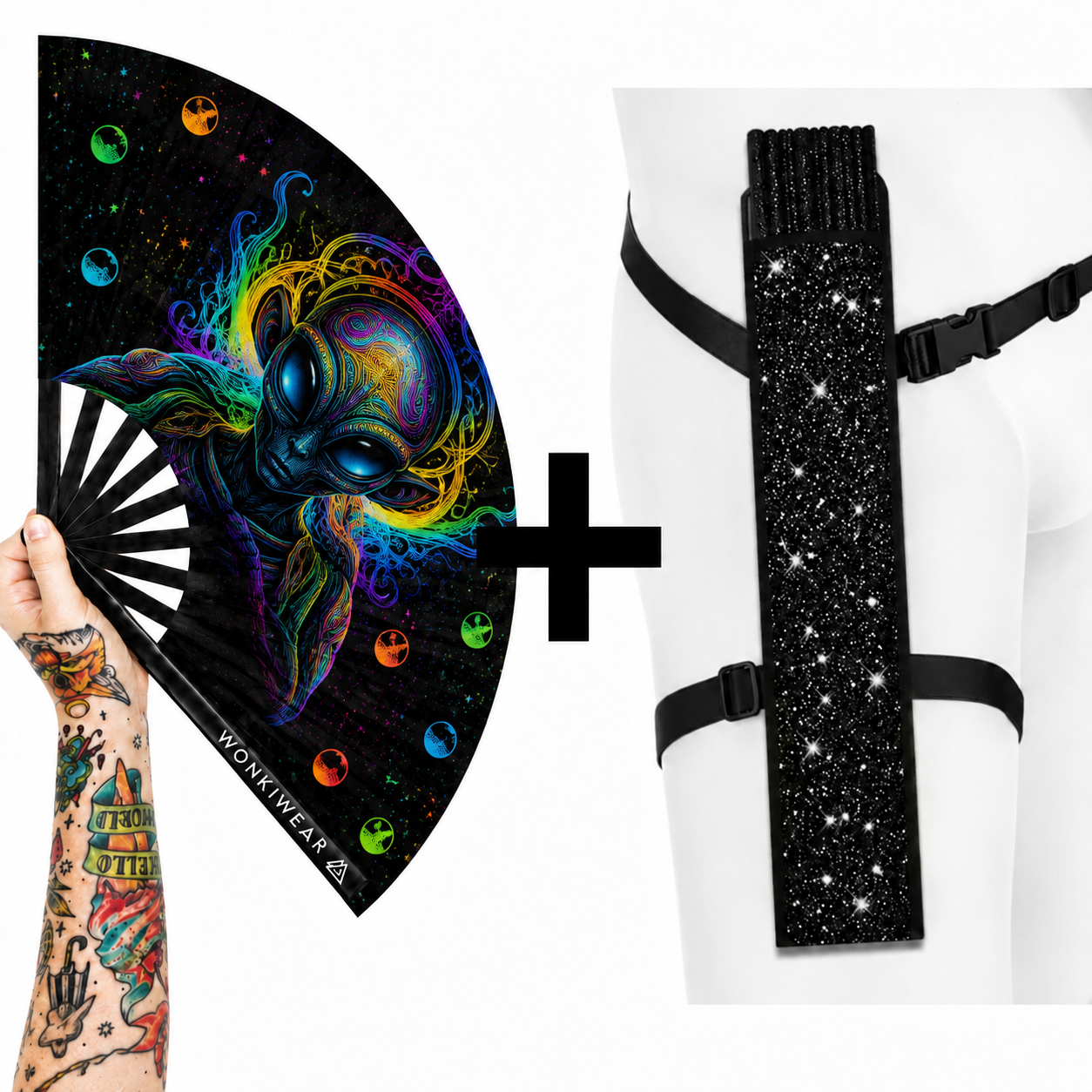 Voidwalker XL folding festival fan with optional black glitter adjustable fan holster